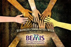 Diverse hands reaching to meet in the middle with the text Stronger Communities Week written on top. The BEMIS logo is below this.